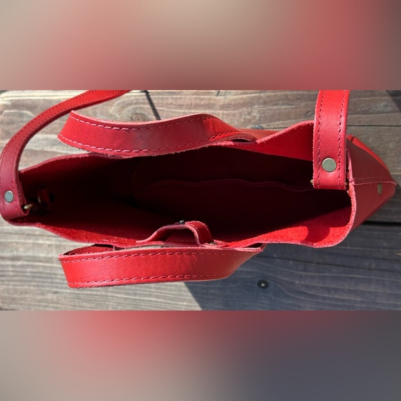 Portland Leather Goods Red Mini Crossbody Tote Smooth Leather Snap Closure - Picture 4 of 11